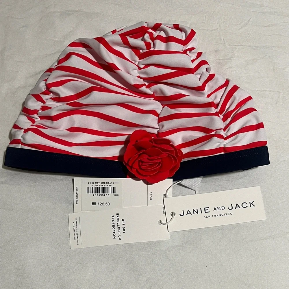 Janie and Jack Red‎ and White Recycled Striped Kids Swim Hat Size 6-8 NEW